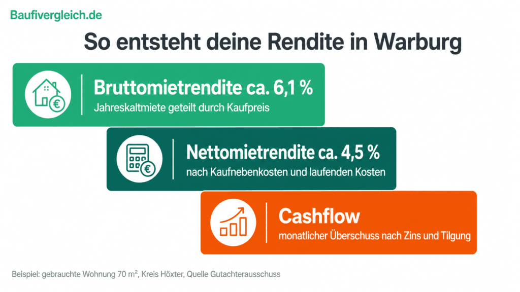 Schaubild der drei Renditestufen einer Immobilie als Kapitalanlage in Warburg, von der Bruttomietrendite über die Nettomietrendite bis zum Cashflow, mit Beispielwerten aus dem Kreis Höxter