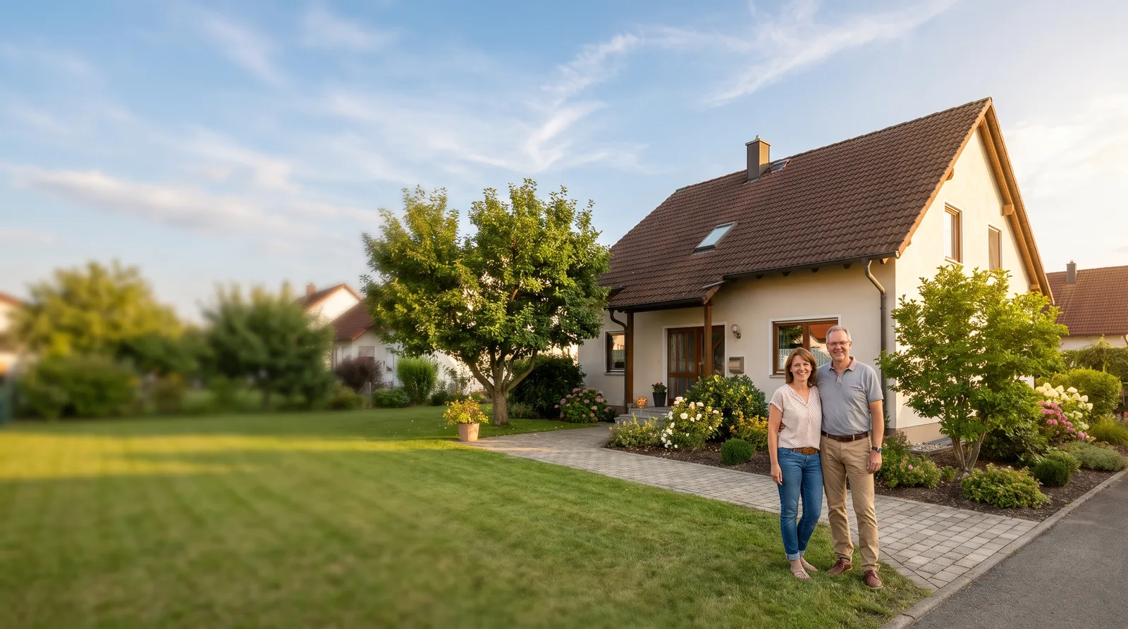 Anschlussfinanzierung und Forward-Darlehen mit Baufivergleich Paar vor seinem Einfamilienhaus, dessen Zinsbindung ausläuft und das eine Anschlussfinanzierung plant