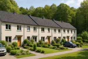 Reihenhäuser in einem Wohngebiet in Kaufungen bei Kassel als Symbol für die Baufinanzierung vor Ort