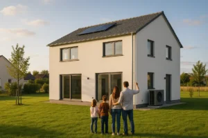 Familie von hinten blickt auf ihr neu gebautes Effizienzhaus mit Solaranlage und Wärmepumpe, Symbol für die Finanzierung eines Neubaus in Kassel