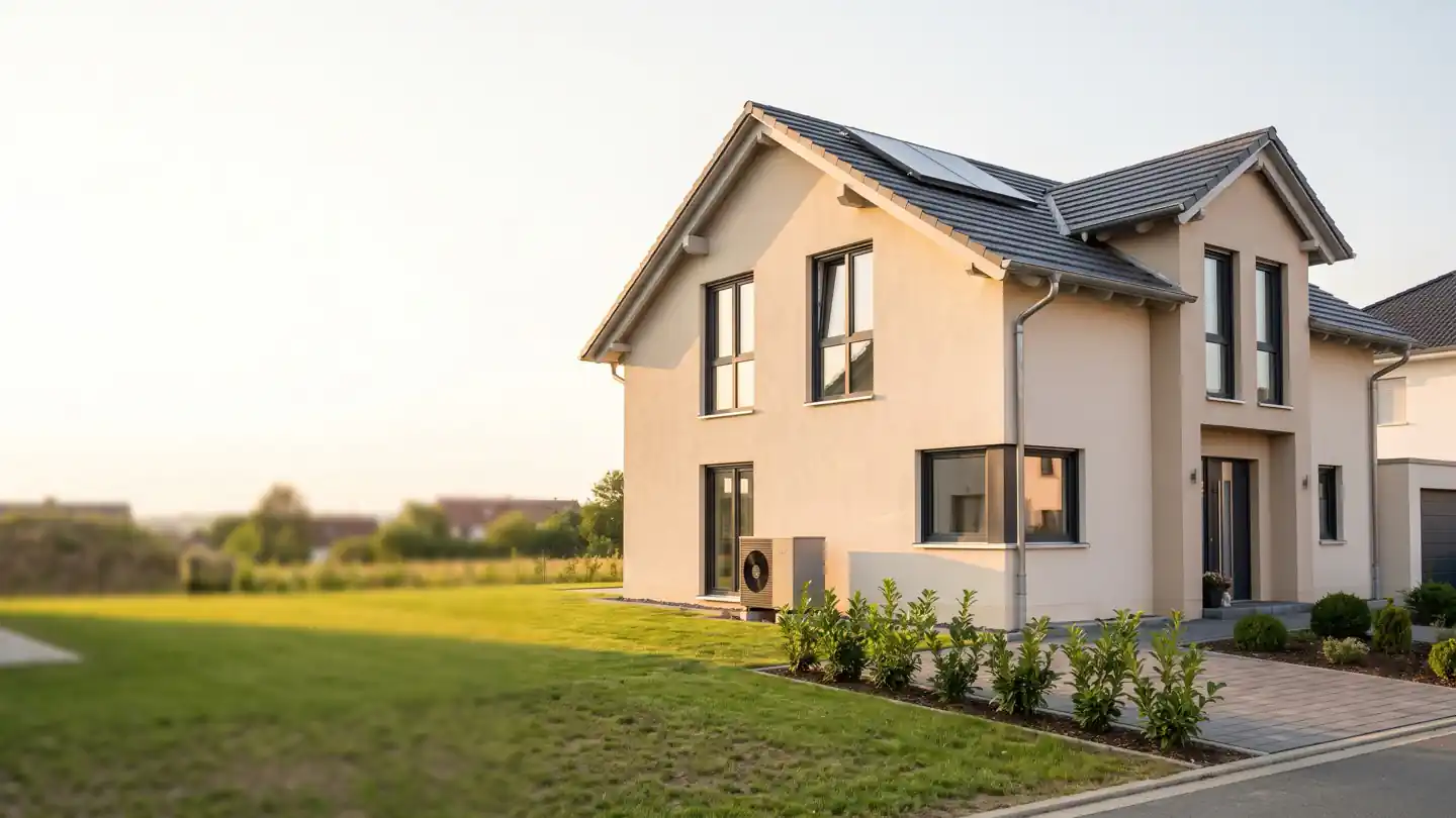 Neubau finanzieren: modernes, neu gebautes Einfamilienhaus mit Satteldach, Solaranlage, Wärmepumpe und frisch angelegtem Garten
