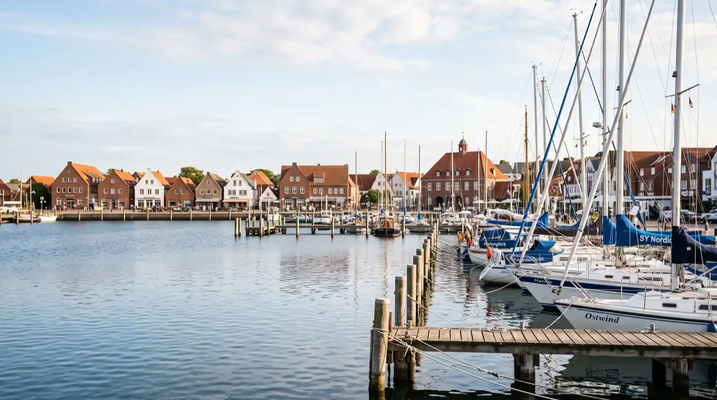 Hafen von Heiligenhafen an der Ostsee mit Segelbooten und Reetdachh&auml;usern, Beratungsgebiet von Baufivergleich.de
