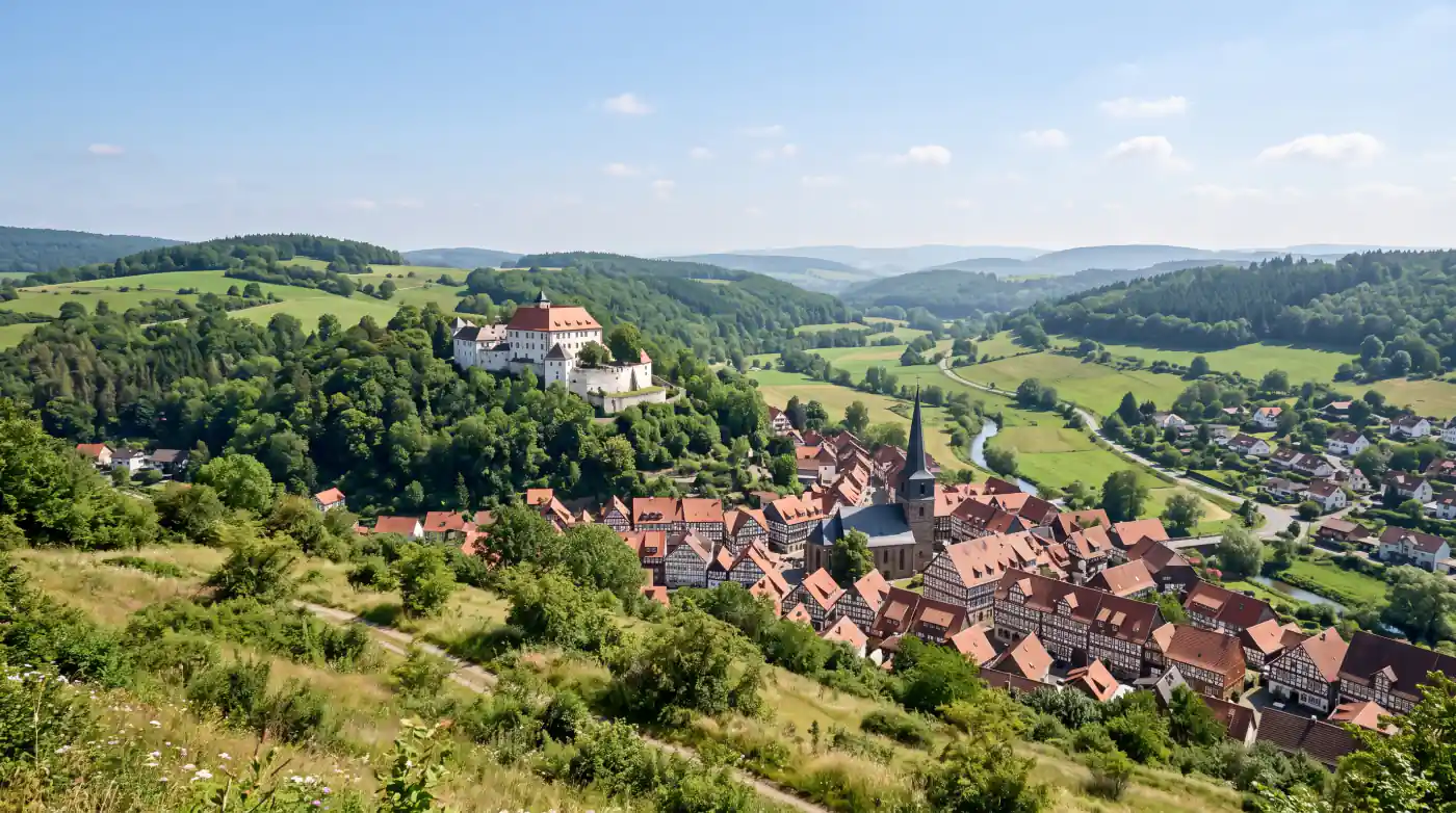Blick &uuml;ber die Fachwerkaltstadt von Spangenberg mit dem Schloss auf dem Bergsporn, Beratungsgebiet von Baufivergleich.de
