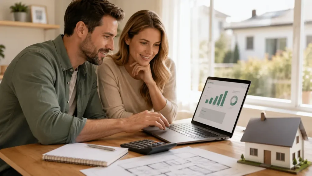 Junges Paar plant am Laptop mit einem Darlehensrechner die monatliche Rate und Tilgung seiner Baufinanzierung
