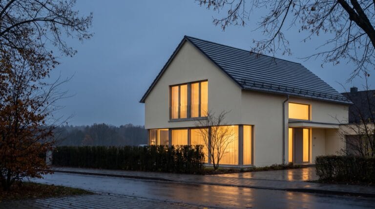 Modernes Einfamilienhaus in Deutschland zur blauen Stunde mit warm erleuchteten Fenstern