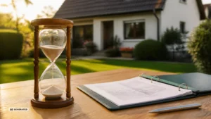 Einfamilienhaus mit Garten, im Vordergrund eine halb durchgelaufene Sanduhr neben Vertragsunterlagen. Sie steht für die Restlaufzeit des Erbbaurechts, auf die achten muss, wer ein Haus auf Erbpacht kaufen will. Mit KI erstellt.