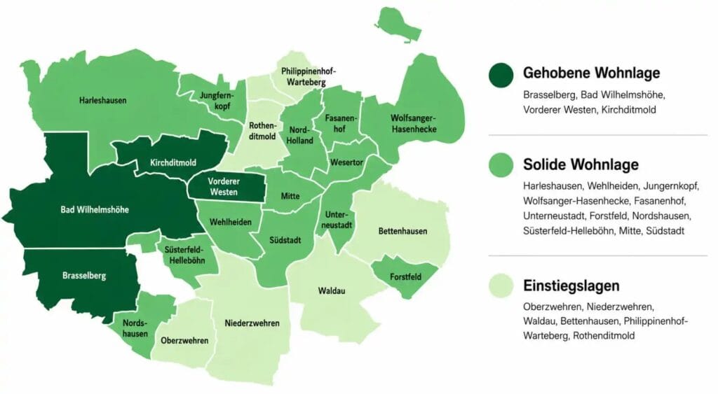 Schaubild der Kasseler Lagen für Mehrfamilienhäuser: gefragte Wohnlagen wie Vorderer Westen, Mittellagen wie Kassel-Mitte und Einstiegslagen wie Bettenhausen