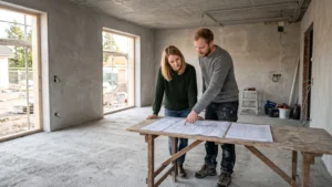 Bauherrenpaar prüft auf der Baustelle die Kostenaufstellung für eine Nachfinanzierung