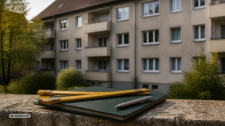 Grüne Mappe mit Zollstock und Kugelschreiber auf einer Mauer vor einem Mehrfamilienhaus aus den 1960er-Jahren. Mit KI erstellt.